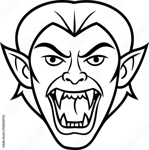 Vampire face with sharp fangs and pointed ears showing aggressive expression in black line art style