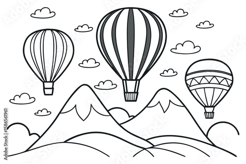 Three hot air balloons float above mountains and clouds