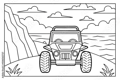 Black and white line art illustration of a dune buggy on a coastal landscape