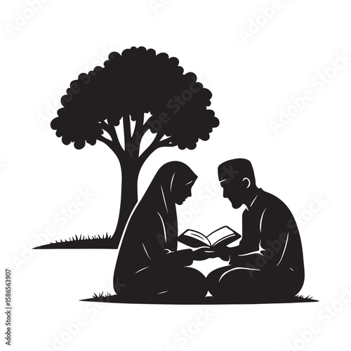 Muslim couple sitting under a tree reading a book together
