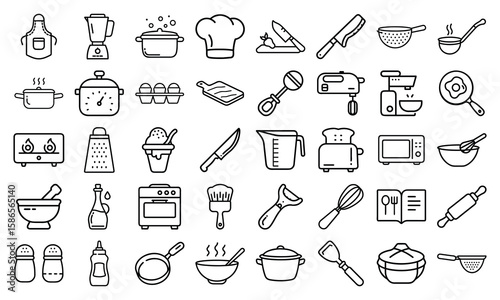 Collection of black and white line art icons representing various kitchen and cooking utensils