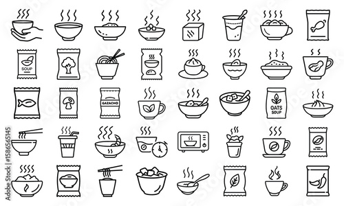 Collection of line art icons representing various hot food and drink items