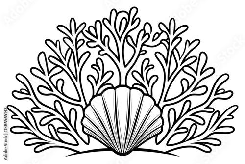 Black and white line drawing of a seashell and coral