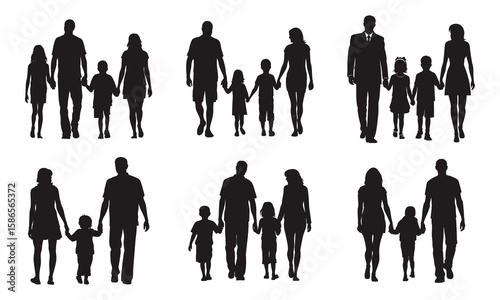 Diverse family silhouettes walking together holding hands on white background