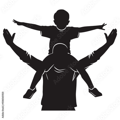 Father carrying son on shoulders with arms outstretched in silhouette