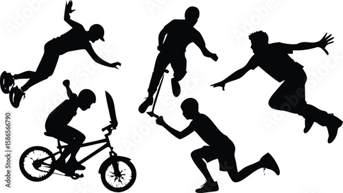 Extreme Sports Silhouette Vector Set, BMX, Skateboard, Scooter & Action Riders