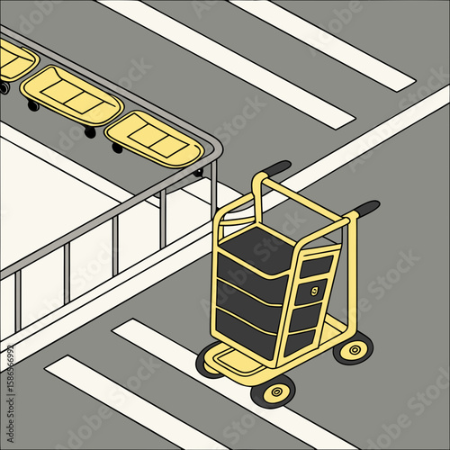 Empty yellow and black luggage carts on tarmac from above in modern flat illustration style