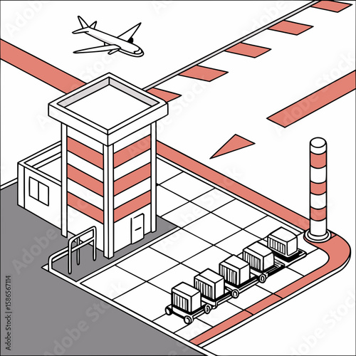 Luggage carts on airport tarmac from above in modern flat illustration style