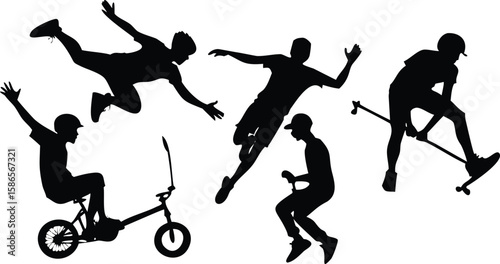 Extreme Sports Silhouette Vector Set, BMX, Skateboard, Scooter & Action Riders