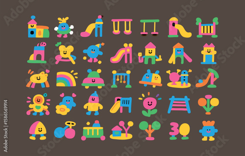 Collection of cheerful cartoon characters and playground equipment in bright colors
