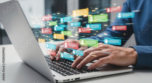 
Businessman messaging team with using laptop computer. Collaboration platform. Employee communication and knowledge sharing on discussion forums in internal social network.