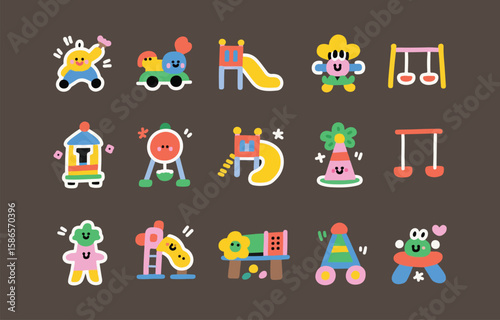 Collection of cute cartoon playground equipment and characters