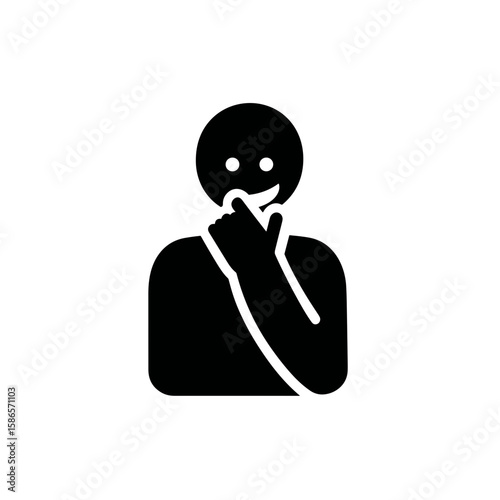 Smiling person silhouette with hand on chin suggesting thought, vector icon

