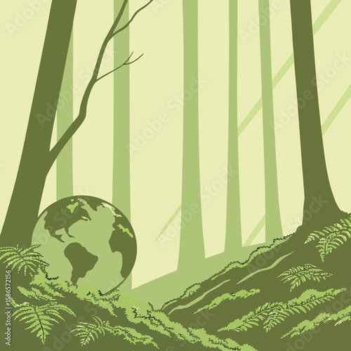 Earth Day green globe resting on forest moss with dreamy sunlight, promoting environmental care in flat illustration style
