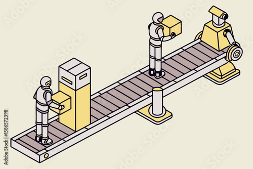 Top-down view of robots packing at conveyor belt, symbolizing automation and efficiency in logistics in flat illustration style