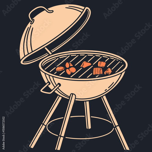 Barbecue grill with empty grate and fire glow on black, perfect for cookout themes in flat illustration style
