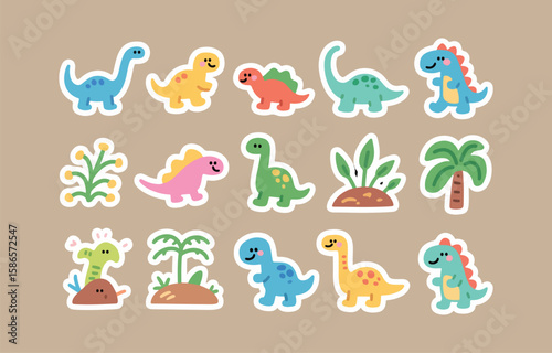 Cute kawaii dinosaur stickers with plants and palm trees on a beige background
