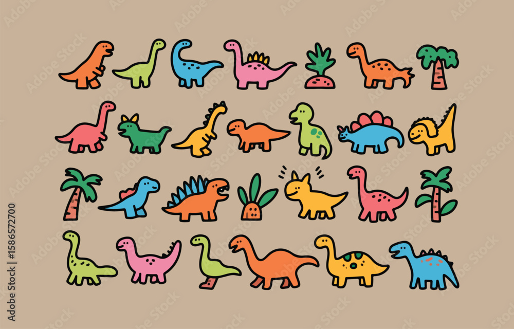 Obraz premium Collection of cute cartoon dinosaurs and tropical plants in various colors