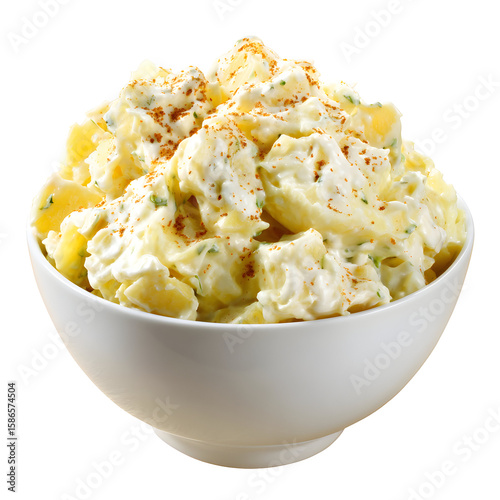 Delicious creamy potato salad with paprika in a white bowl on black background