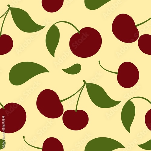 Seamless Cherry Pattern with Green Leaves on Butter Yellow Background – Minimalist Fruit Design