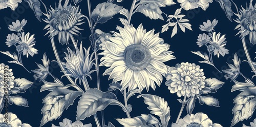 A black and white floral pattern with gold accents. The flowers are arranged in a way that creates a sense of movement and depth. Scene is elegant and sophisticated