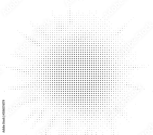 A central cluster of dense black dots radiates outwards, gradually decreasing in size and density to create a starburst or floral effect against a stark white backdrop.