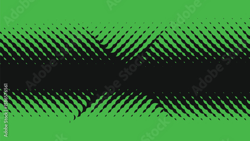 A vibrant green background is interrupted by a wide black horizontal band. Both sides feature a dynamic halftone pattern of green shapes against black.