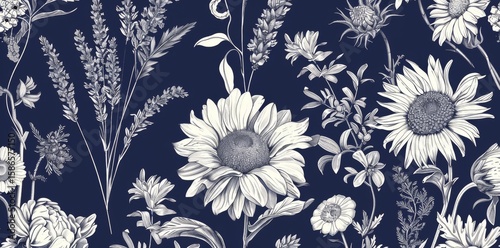A black and white floral pattern with gold accents. The flowers are arranged in a way that creates a sense of movement and depth. Scene is elegant and sophisticated