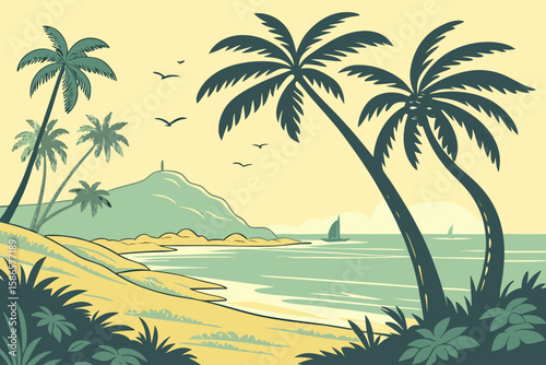 Sunny tropical beach with palm leaves and distant island, capturing paradise vibes in flat illustration style