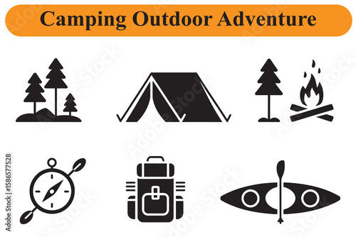 Camping outdoor adventure icons trees tent campfire compass backpack kayak forest