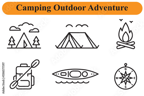 Camping outdoor adventure icons tent trees