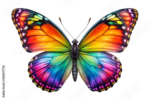 Photo of a stunning butterfly with vibrant rainbowcolored wings is isolated on a plain transparent background