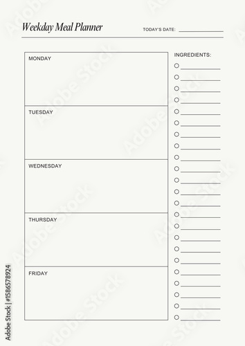 Simple weekday meal planner and ingredient checklist template