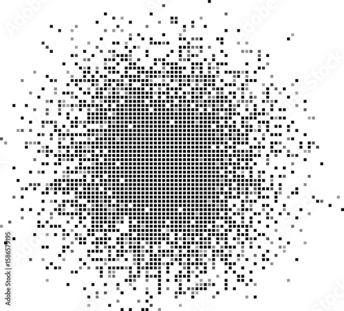 Abstract pixelated burst effect with fading squares on a white background