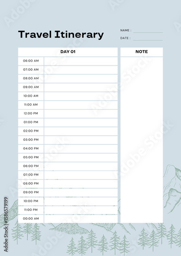 Canvas Print Daily travel itinerary planner with mountain and tree illustrations