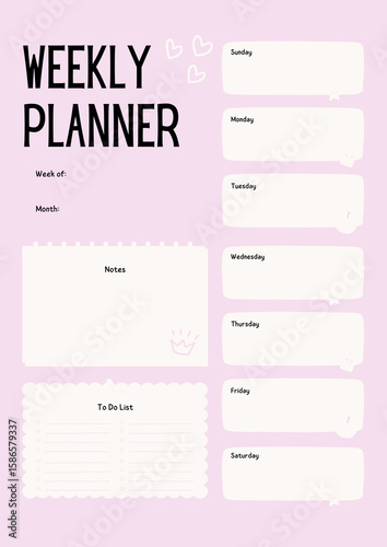 Cute pink weekly planner template with hearts and to do list