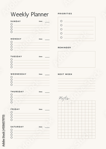 Minimalist weekly planner with priorities and notes sections