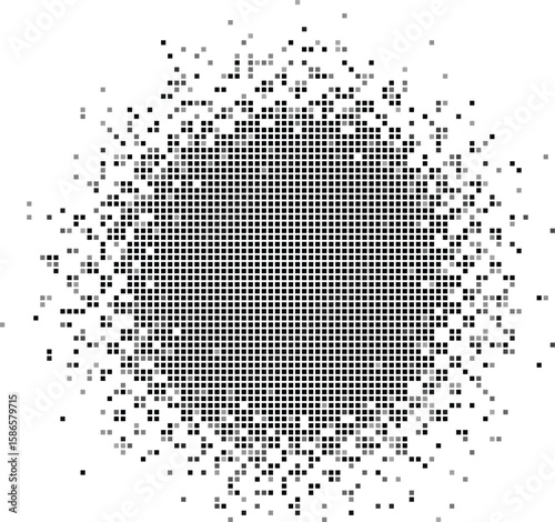 Abstract circular pattern of dissolving black and gray pixels on a white background