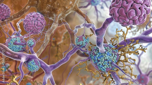 Illustration of neuron depicting tau protein clumping impacting microtubule stability