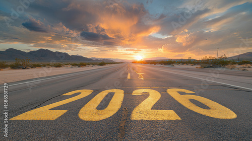 Road to 2026 with an empty road with written 2025 represent the future and positivity and success of the new year 2026