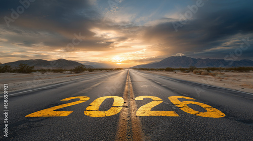 Road to 2026 with an empty road with written 2025 represent the future and positivity and success of the new year 2026