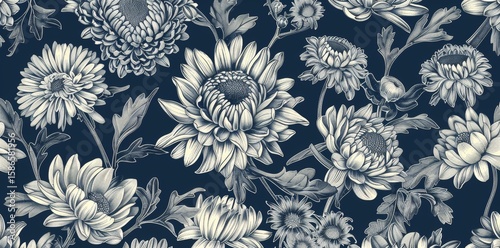 A black and white floral pattern with gold accents. The flowers are arranged in a way that creates a sense of movement and depth. Scene is elegant and sophisticated