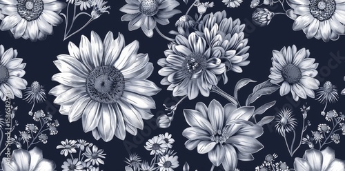 A black and white floral pattern with gold accents. The flowers are arranged in a way that creates a sense of movement and depth. Scene is elegant and sophisticated