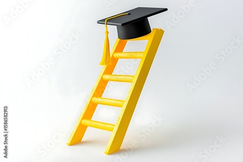Graduation cap on a bright yellow ladder angled against a plain white background, symbolizing educational success