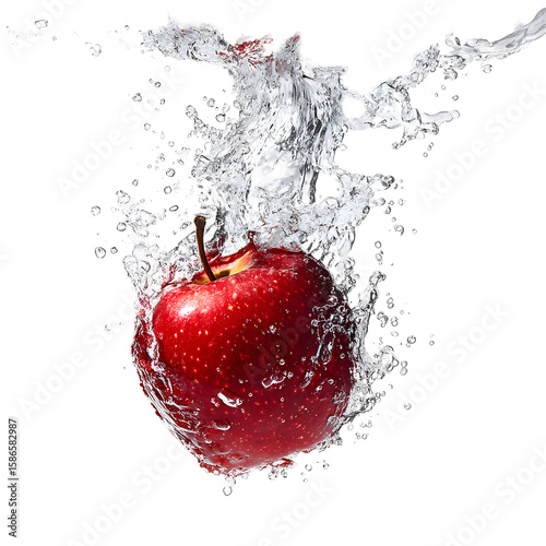 Captivating red apple plunging into water on black background for freshness