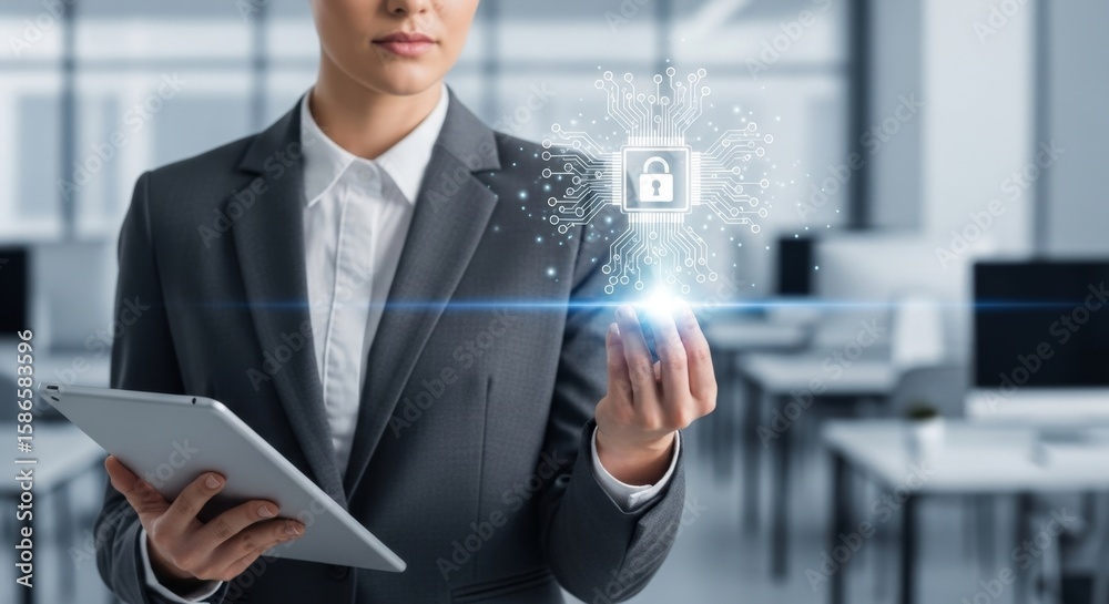 Fototapeta premium A businesswoman holding a tablet with a cybersecurity lock icon, representing data protection and privacy