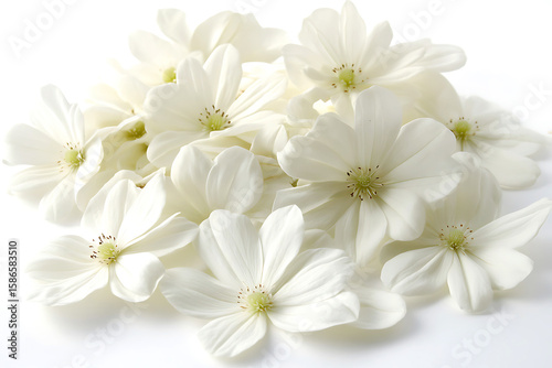 Close-up of a delicate cluster of white clematis flowers arranged against a plain white background