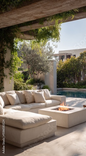 Outdoor lounge area with fire pit, overlooking a pool and lush greenery