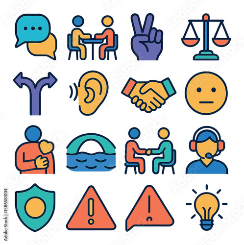 Conflict resolution icon collection. simple, flat dialogue, peace, harmony, negotiation