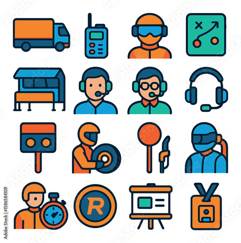Racing team icon collection. simple race, driver, helmet, stopwatch, communication